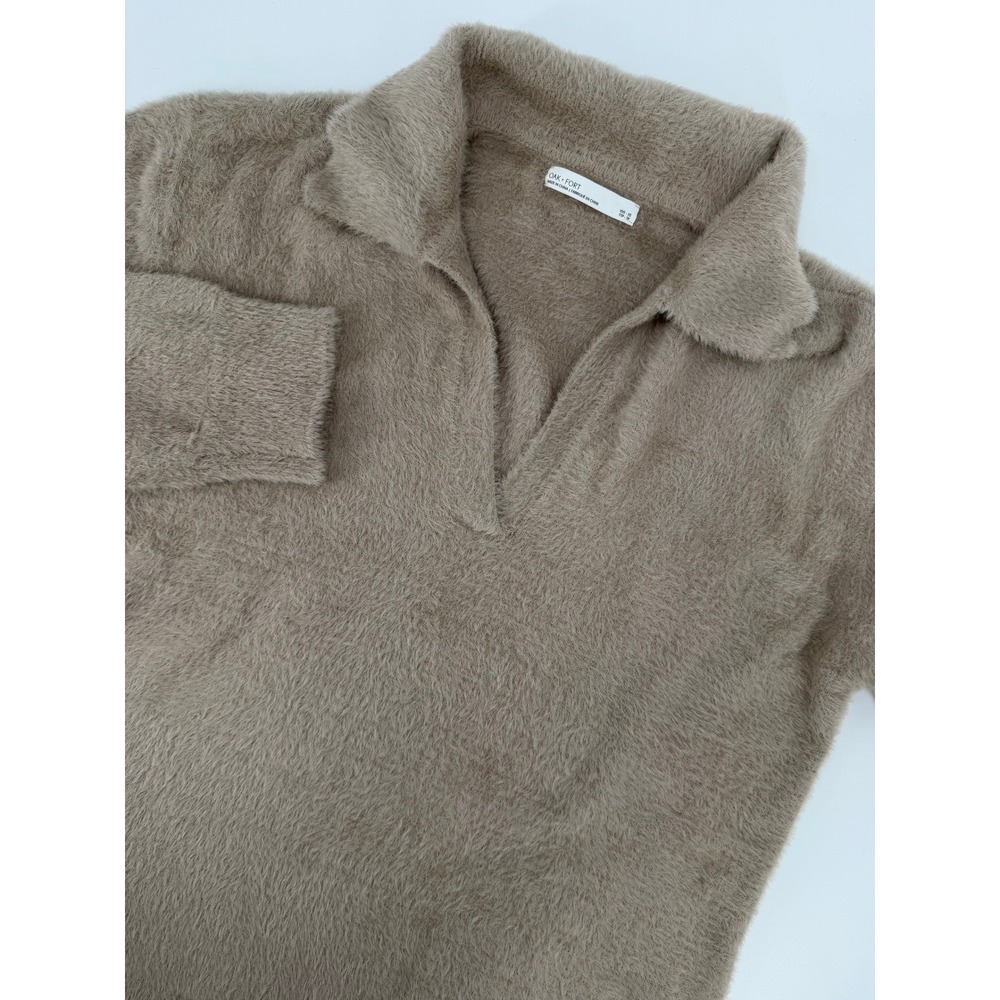Oak + Fort Taupe Fuzzy Knit V-Neck Polo Sweater Long Sleeve SW-9211-W XXS-XS